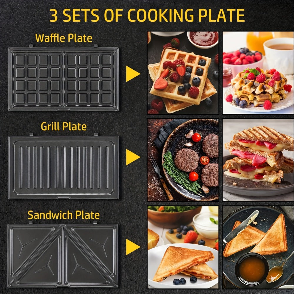 OSTBA 3-in-1 Sandwich Maker Panini Press Waffle Iron 750W Removable Non-Stick Plates for Grilling, Camping and Outdoor Meals