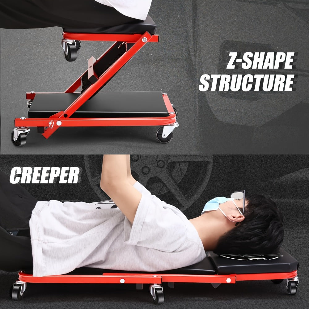 Mechanic Creeper Seat 3-in-1 Heavy Duty 36" – Folding Crawler with Adjustable Z-Seat, 6 Lockable Casters, 350–650 lb Capacity for Auto