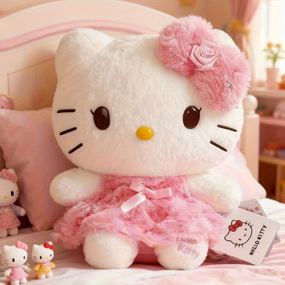 Plush Toy Bow-Wearing Cat Doll in 10-Inch Pink Rose Dress with Soft Fabric and One-Piece Option