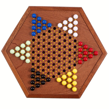 Deluxe Wooden Chinese Checkers Game Set 12.5 Inch Hexagonal Board with Storage Drawer 60 Acrylic Marbles