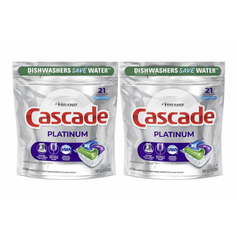 Dishwasher Pods Cascade Platinum 2 Pack, Action Pacs Detergent Tabs with Rinse Aid & Shine Booster