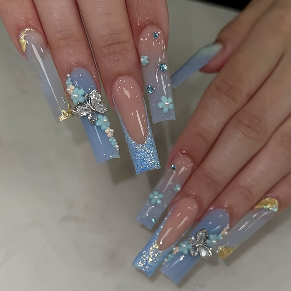 Press On Nails 96-Piece Long Ballerina Blue Gradient 3D Flower Butterfly Set with Four Bracelets