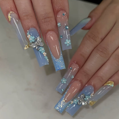 Press On Nails 96-Piece Long Ballerina Blue Gradient 3D Flower Butterfly Set with Four Bracelets