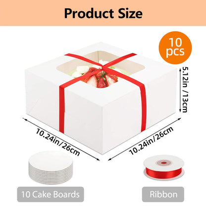 Ten White Cake Box Sets with Clear Windows, Red Ribbon, Round Boards and 10 x 10 x 5-Inch Size