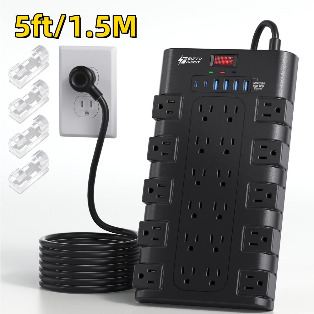 28-in-1 Surge Protector Power Strip, 22 AC Outlets & 6 USB Ports (1 USB-C), 5ft Extension Cord