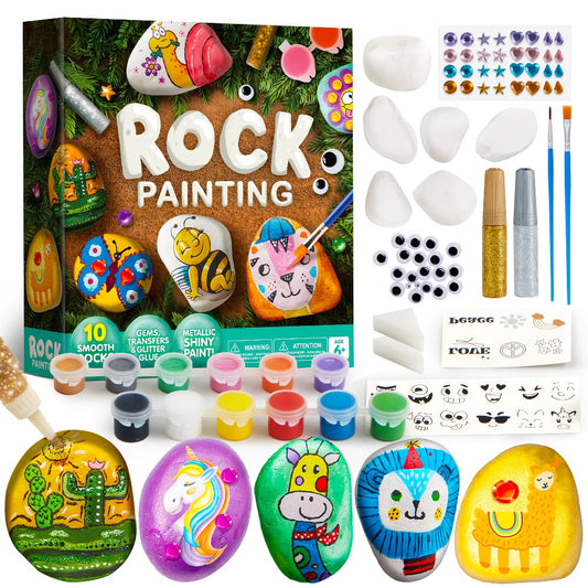 Rock Painting Craft Kit with 10 Stones, 16 Paint Colors, Brushes, Gems, Glitter and Stickers