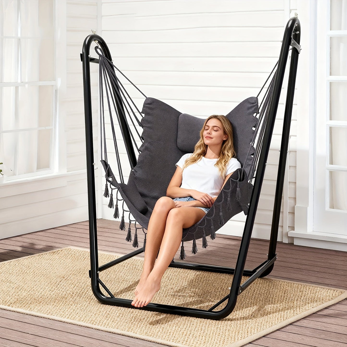 U-Shaped Hammock Chair Stand with Free Hanging Chair, Double Tube Steel Frame, Powder Coat, Side Pocket Included