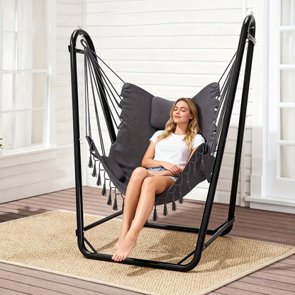 U-Shaped Hammock Chair Stand with Free Hanging Chair, Double Tube Steel Frame, Powder Coat, Side Pocket Included