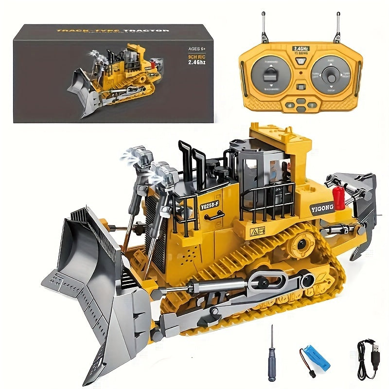RC Bulldozer 9-Channel 2.4GHz Remote Control, Multifunctional Engineering Vehicle Toy with Alloy Metal Cover