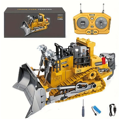 RC Bulldozer 9-Channel 2.4GHz Remote Control, Multifunctional Engineering Vehicle Toy with Alloy Metal Cover