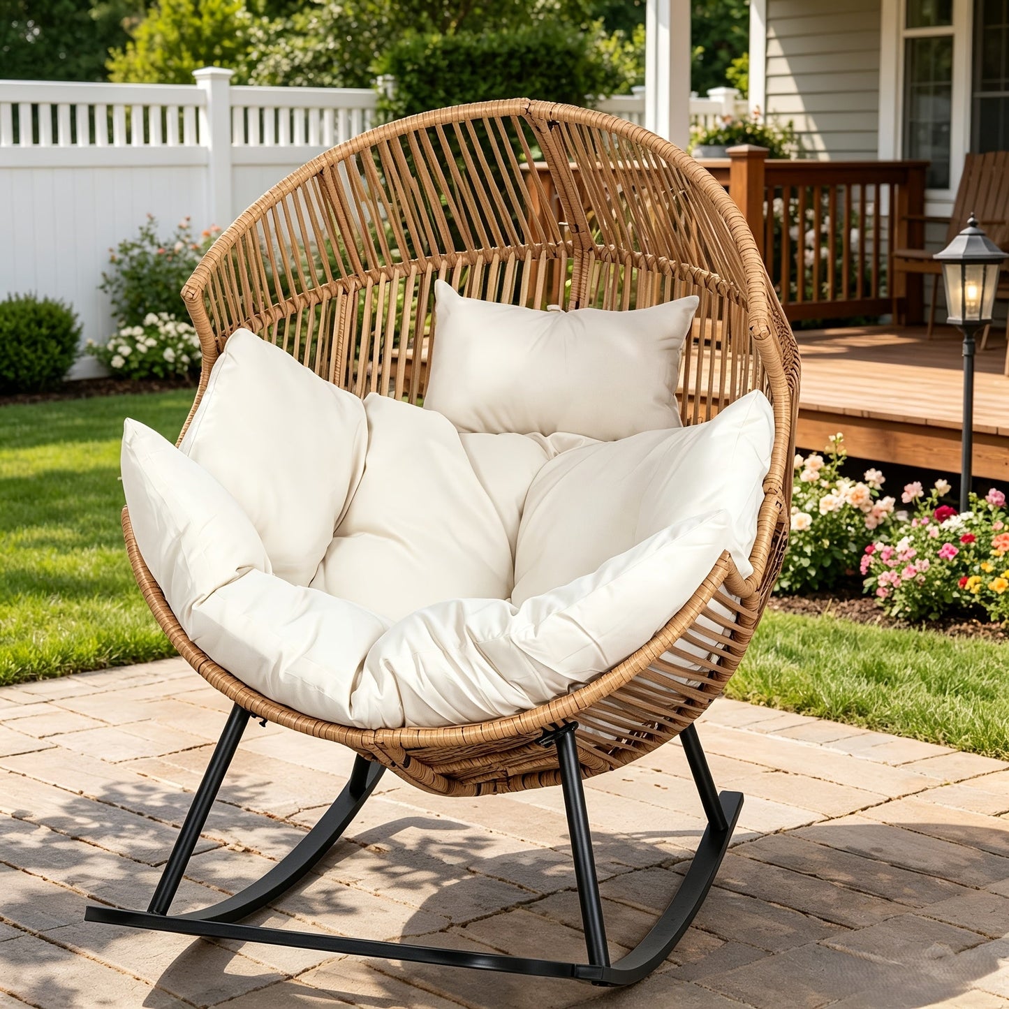 Egg Chair Outdoor Wicker PE Rattan Oversized Patio Lounge Chair with Cushion Rocking Egg Chair for Garden, Patio and Yard Use