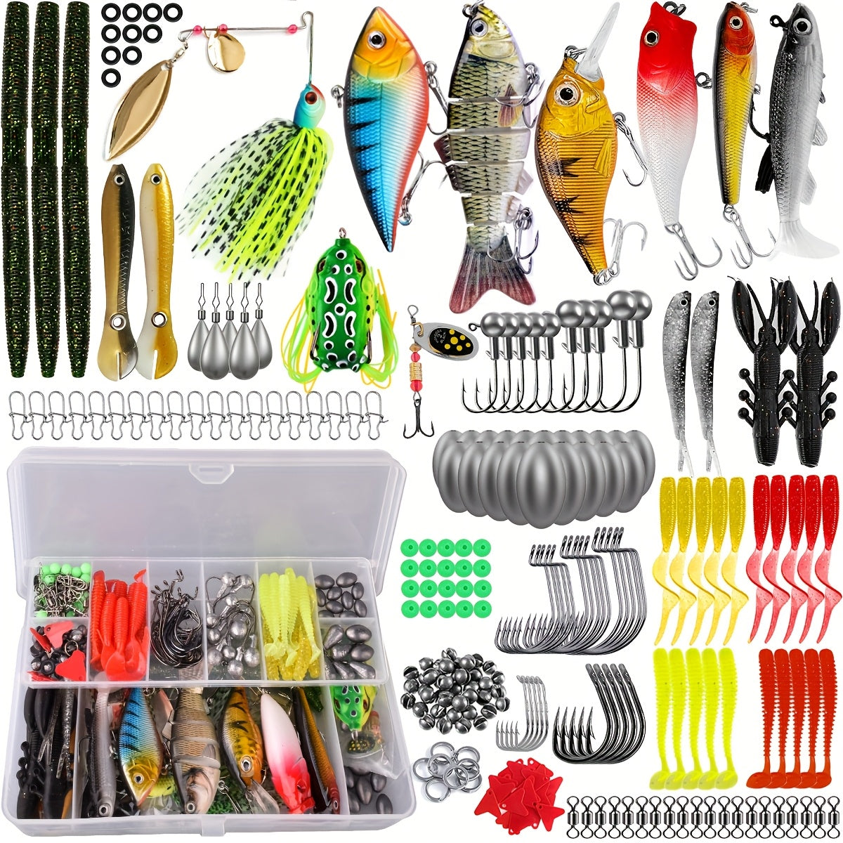 Fishing Lures Tackle Box Kit 52–360pcs – Animated Lures, Crankbaits, Spinnerbaits, Soft Plastic Worms & Topwater Lures for Bass, Trout