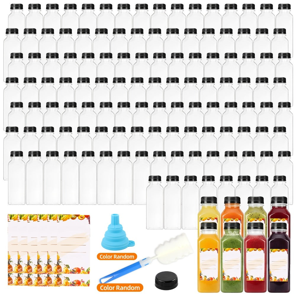 Plastic Juice Bottles with Caps 128pcs Bulk - Clear Reusable Beverage Bottles with Lids for Entryways, Bedrooms and Living Spaces
