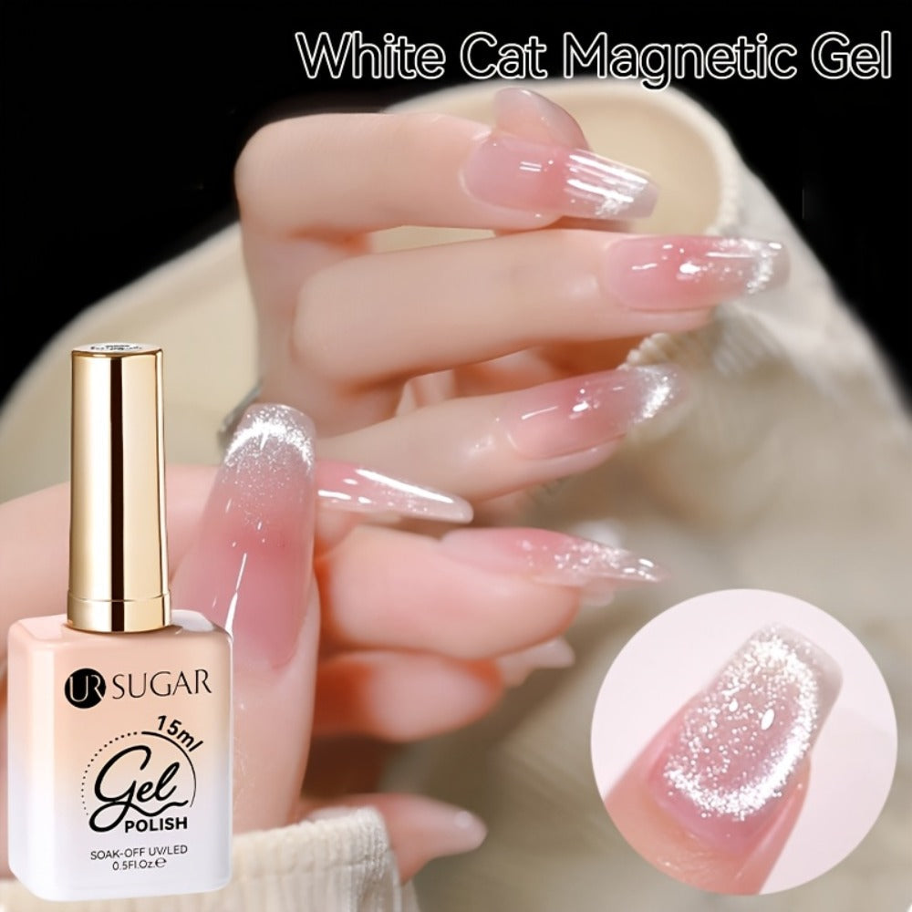 White Glitter Cat Eye Gel Polish Set 2pc Sparkling Magnetic with Stick Included | Soak Off UV LED 0.51oz Each Semi-Permanent 3D Nail Art |