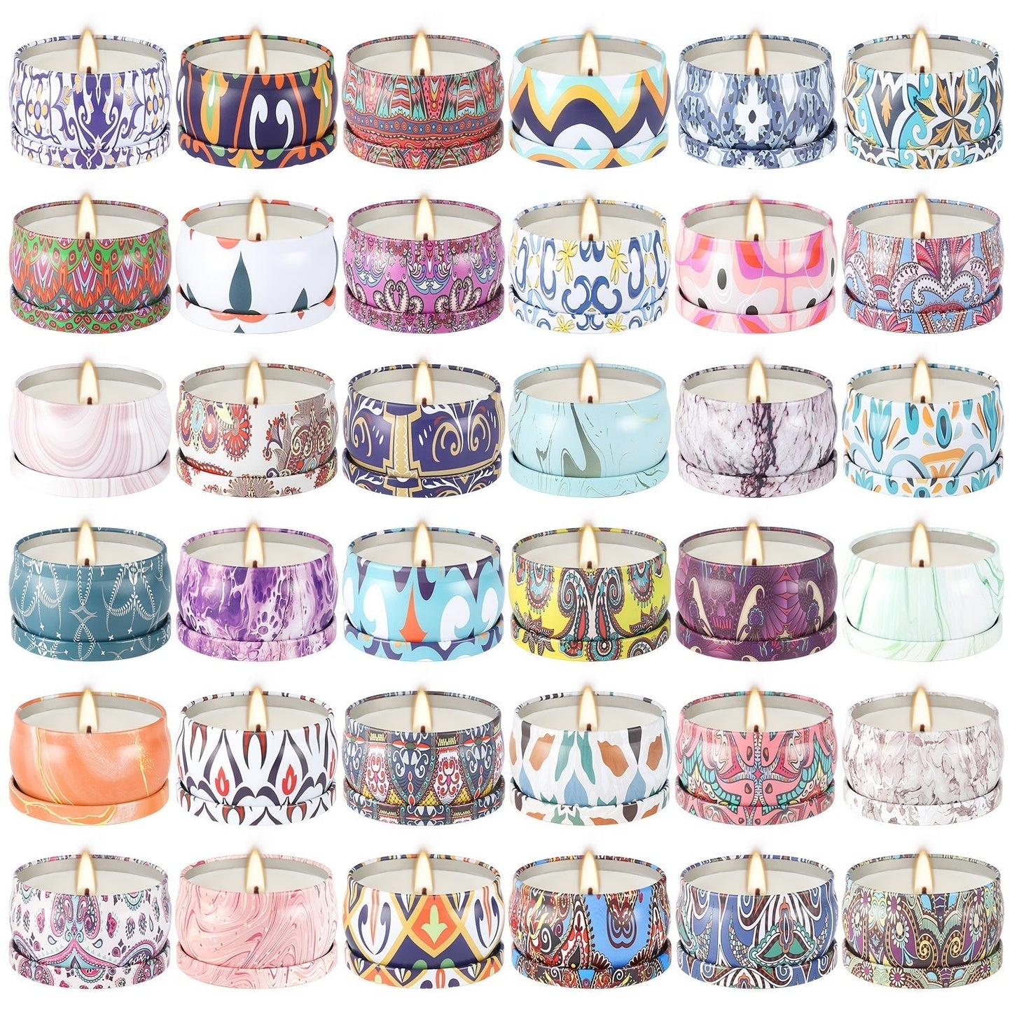 36-Piece Candle Gift Set with Lidded 2.5oz Decorative Tins in Three Coordinated Design Families
