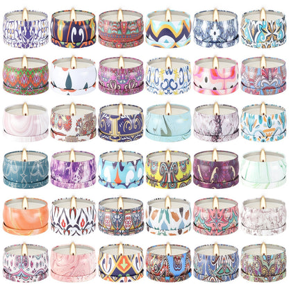 36-Piece Candle Gift Set with Lidded 2.5oz Decorative Tins in Three Coordinated Design Families