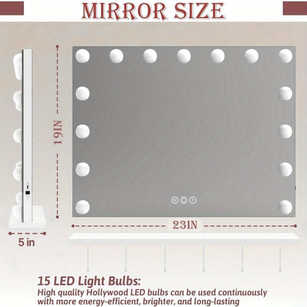 Hollywood Vanity Mirror with 15 LED Bulbs, 23 x 19 Inch Frame, Three Brightness Levels and White Base