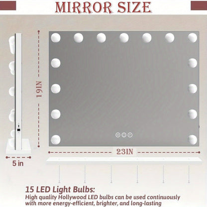 Hollywood Vanity Mirror with 15 LED Bulbs, 23 x 19 Inch Frame, Three Brightness Levels and White Base