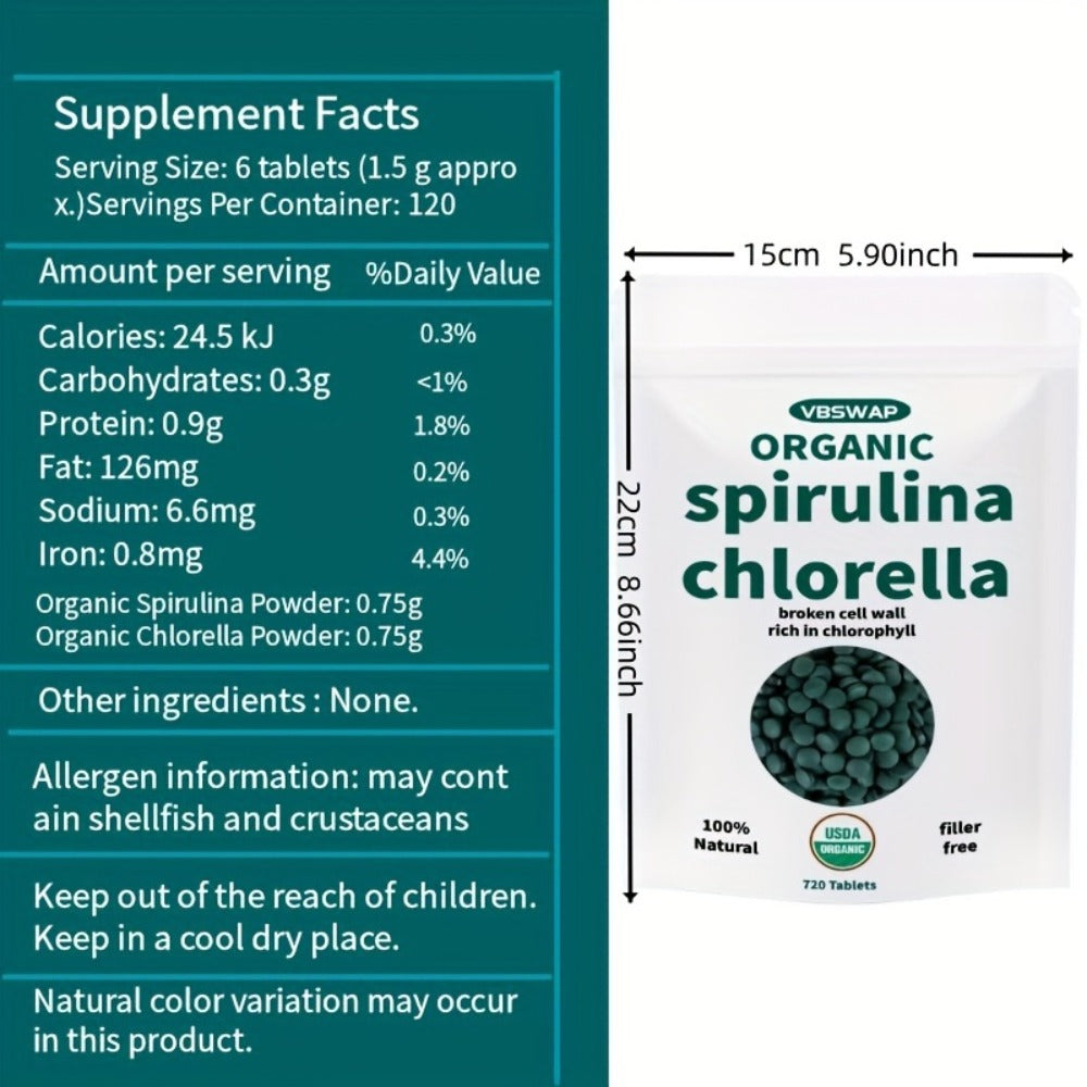 Organic Chlorella & Spirulina Tablets 720 Count, 4 Month Supply, 50/50 Superfood Blend, Cracked Cell Wall