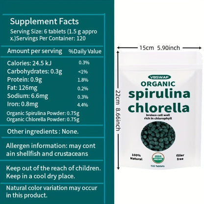 Organic Chlorella & Spirulina Tablets 720 Count, 4 Month Supply, 50/50 Superfood Blend, Cracked Cell Wall