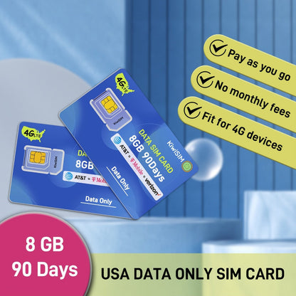 Prepaid Data SIM Card USA 4G LTE KIWISIM Auto-Switch AT&T & T-Mobile, No Contract No Monthly Fee