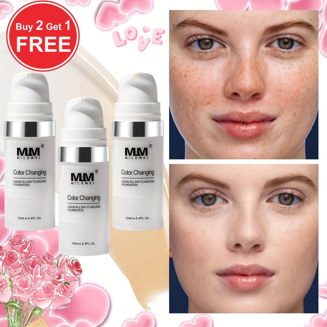 Color Changing BB Cream Foundation Set 3pcs Matte Oil Control Long Lasting Smudge Proof Concealer Base Skin Tone Adaptive Face Makeup