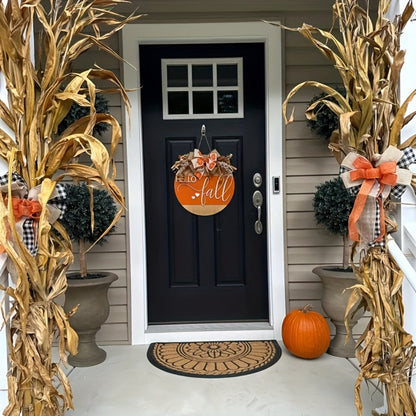 Hello Fall 3D Door Hanger – Autumn Harvest Pumpkin Wheat Bow Fall Wreath Door Sign Seasonal Home Decor