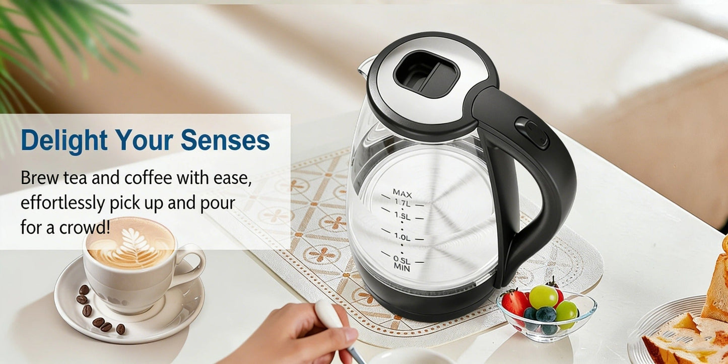 Electric Kettle 1.7L 1200W Borosilicate Glass with Blue LED, Auto Shut-Off and Cordless Base