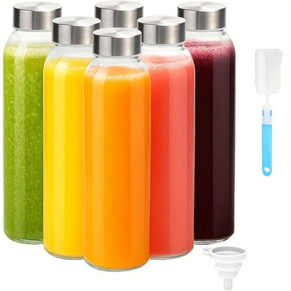 Glass Water Bottles with Lids 6 Pack 18oz – Reusable Leak-Proof Juice Bottles with Stainless Steel Caps for Smoothies