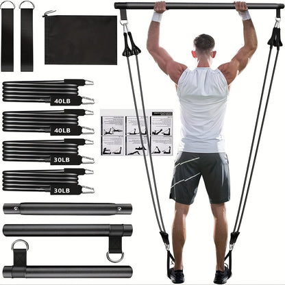 Resistance Band Pilates Bar Kit 8-Piece – 150LB Bands, Ankle Straps & Drawstring Bag, Portable Home Gym Fitness Set for Full Body Workout