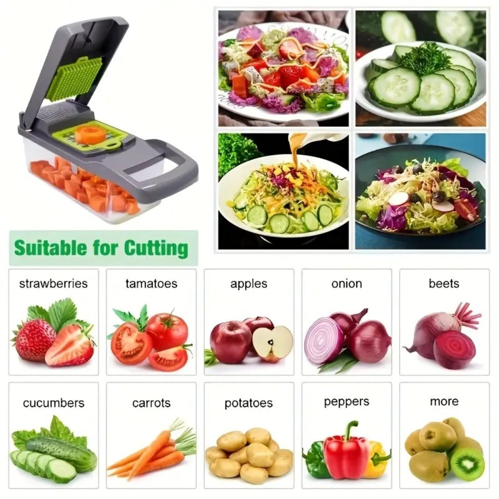 16-in-1 Vegetable Chopper with Clear Container, Eight Blade Inserts, Cleaning Button and Green Accessory Set