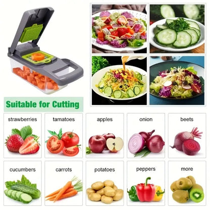 16-in-1 Vegetable Chopper with Clear Container, Eight Blade Inserts, Cleaning Button and Green Accessory Set