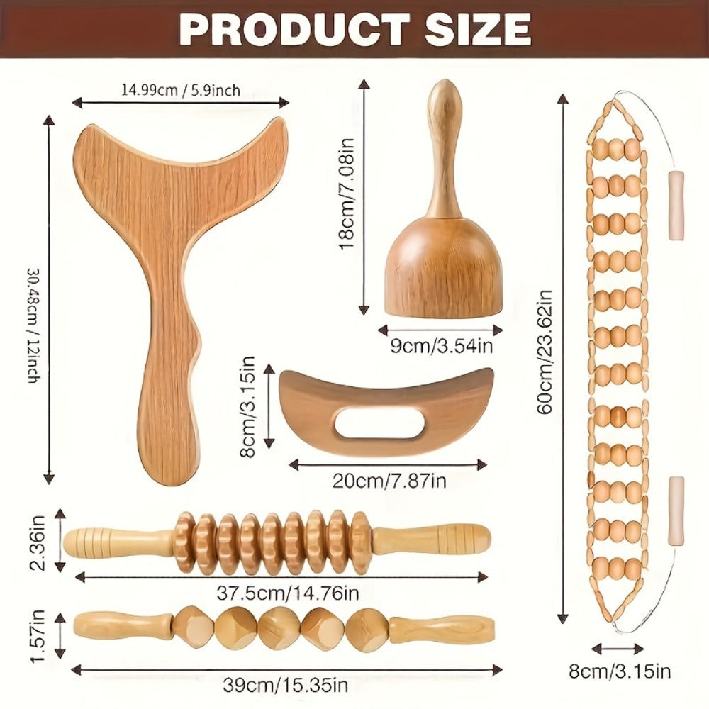 Wooden Massage Tool Set 6pcs Manual Facial Massager Kit with Wood Rollers Pointed Bead Textured Heads for Face Neck Full Body Relaxation