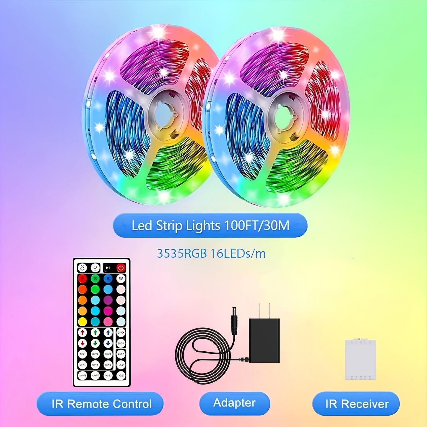 LED Strip Light RGB 100ft Two-Roll Kit with 44-Key Remote, Included Power Supply and Adhesive Backing