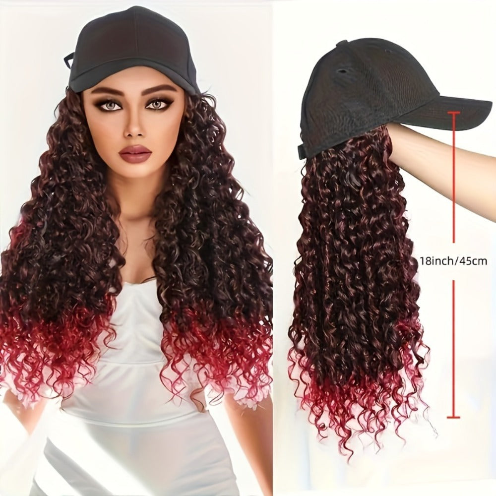 Afro Kinky Curly Baseball Cap Wig for Women 18 Inch Hat and Wig Combo Adjustable Elastic Net Long Synthetic Curly Hair Multi-Color Casual