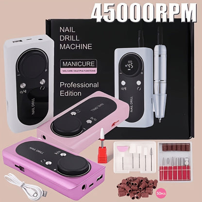 Electric Nail Drill 45000 RPM Cordless Kit with LCD Display and V2 Pink, White or Purple Options