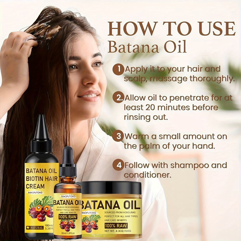 Three-Piece Batana Oil and Biotin Hair Care Set with Large Cream Jar and Coordinated Containers