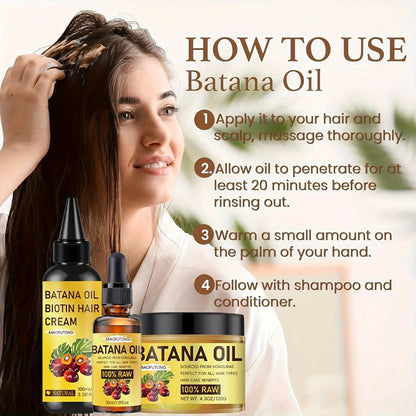 Three-Piece Batana Oil and Biotin Hair Care Set with Large Cream Jar and Coordinated Containers