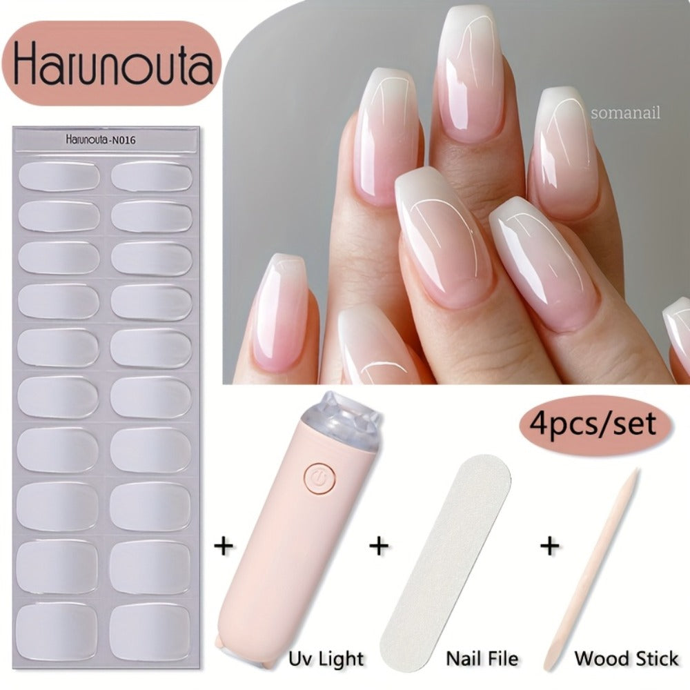 Semi Cured Gel Nail Strips Kit with Handheld LED Nail Lamp, 20 Real Gel Nail Stickers Wraps for DIY Nail Art