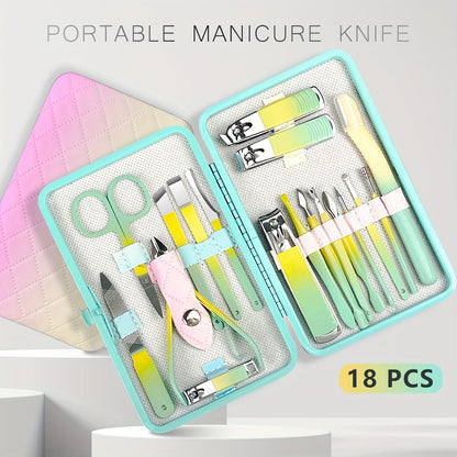 Eighteen-Piece Manicure and Pedicure Kit with Gradient Case, Clippers, Scissors, Files and Pushers