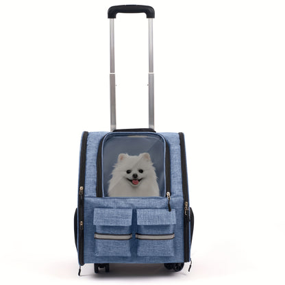 Rolling Pet Carrier with Wheels | 2-in-1 Trolley Cat Carrier Bag, Airline Approved, Telescopic Handle, Detachable Soft-Sided Travel Bag