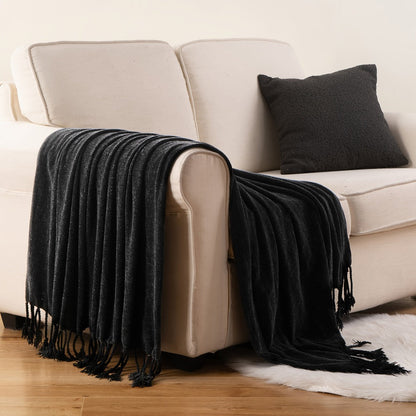Chenille Fringe Throw Blanket, 180-200gsm Velvety Decorative Throw for Sofa & Couch, Home Decor, 50”×60”