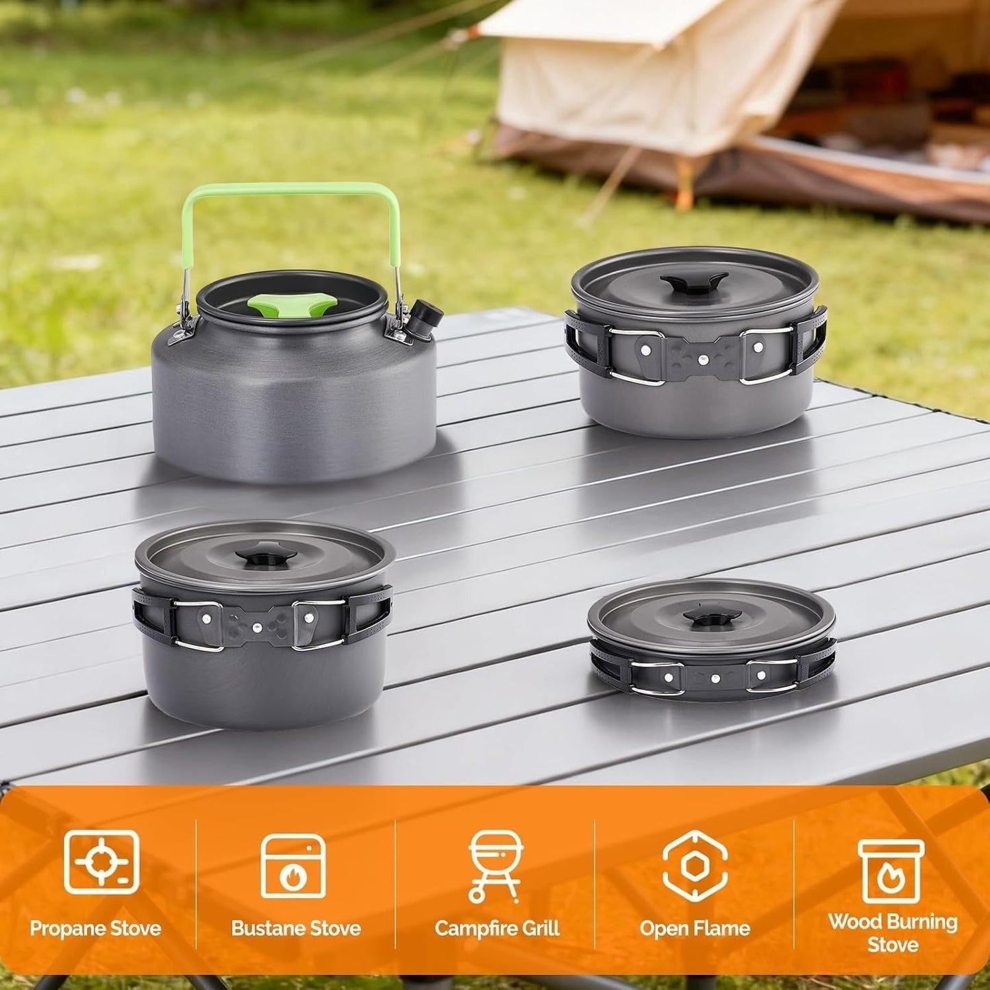 Camping Cookware Set, 19- or 27-Piece Coated Aluminum Mess Kit with Pot, Pan, Kettle, Cups, Plates and Cutlery