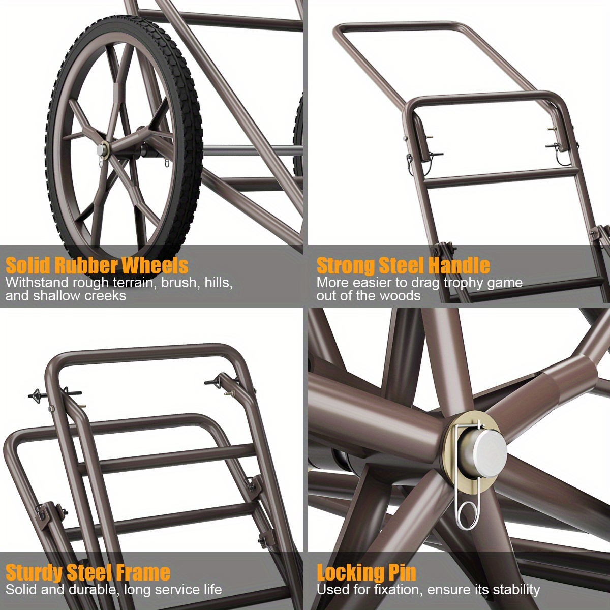 Deer Cart Folding Hunting Hauler Steel Frame 17" Wheels Utility Gear Dolly for Game & Tree Stand Transport