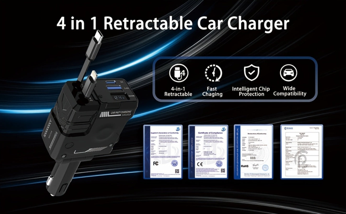 Dual Retractable Cable Car Charger 4-in-1 with Lightning & Type-C 31in, 2 USB-A Ports & Voltage Supervision