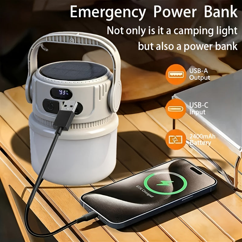 Solar LED Camping Light with Hook – 6 Modes, USB-C Rechargeable, 300LM, IPX4 Waterproof, Emergency Power Bank