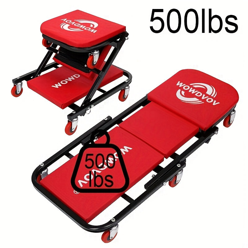 Mechanic Creeper 3-in-1 Z-Shape – 500 lb Capacity Foldable Garage Repair Stool, Lying Sitting Leaning Rolling Creeper with 6 Wheel Rollers