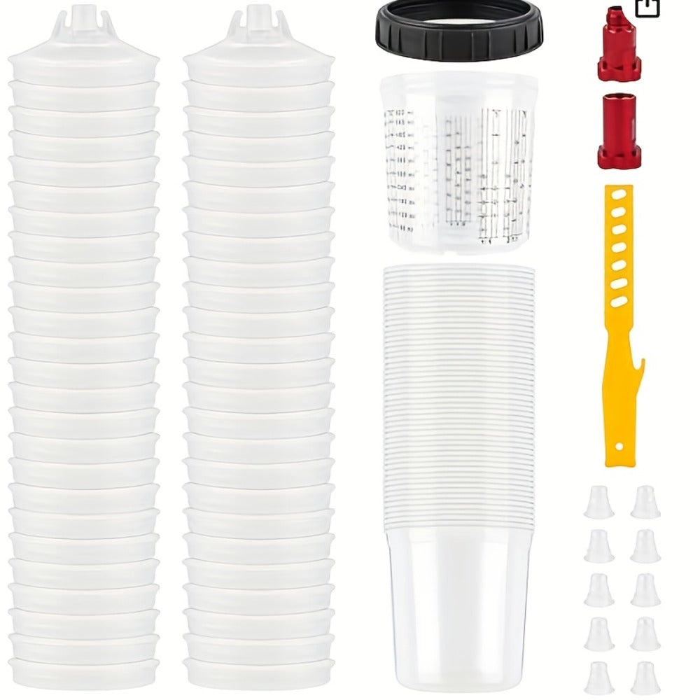 Disposable Paint Spray Gun Cup Liner & Lid System 50-Pack – Includes 50 Cup Liners, 50 Lids, Hard Cup with Retainer Ring
