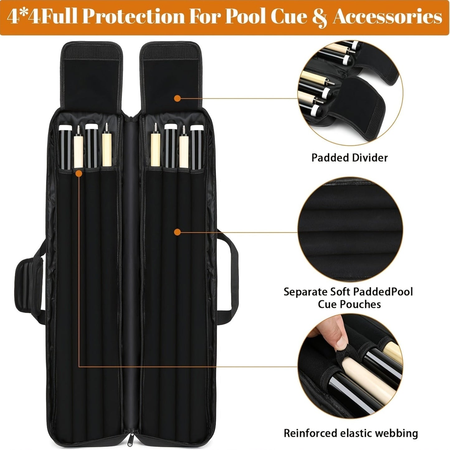 Pool Cue Case 4x4 with Hidden Backpack Strap | Billiard Cue Bag Holds 4 Butts & 4 Shafts | Hard Shell Pool Stick Carrying Case