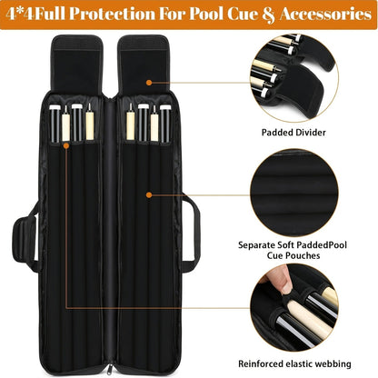 Pool Cue Case 4x4 with Hidden Backpack Strap | Billiard Cue Bag Holds 4 Butts & 4 Shafts | Hard Shell Pool Stick Carrying Case
